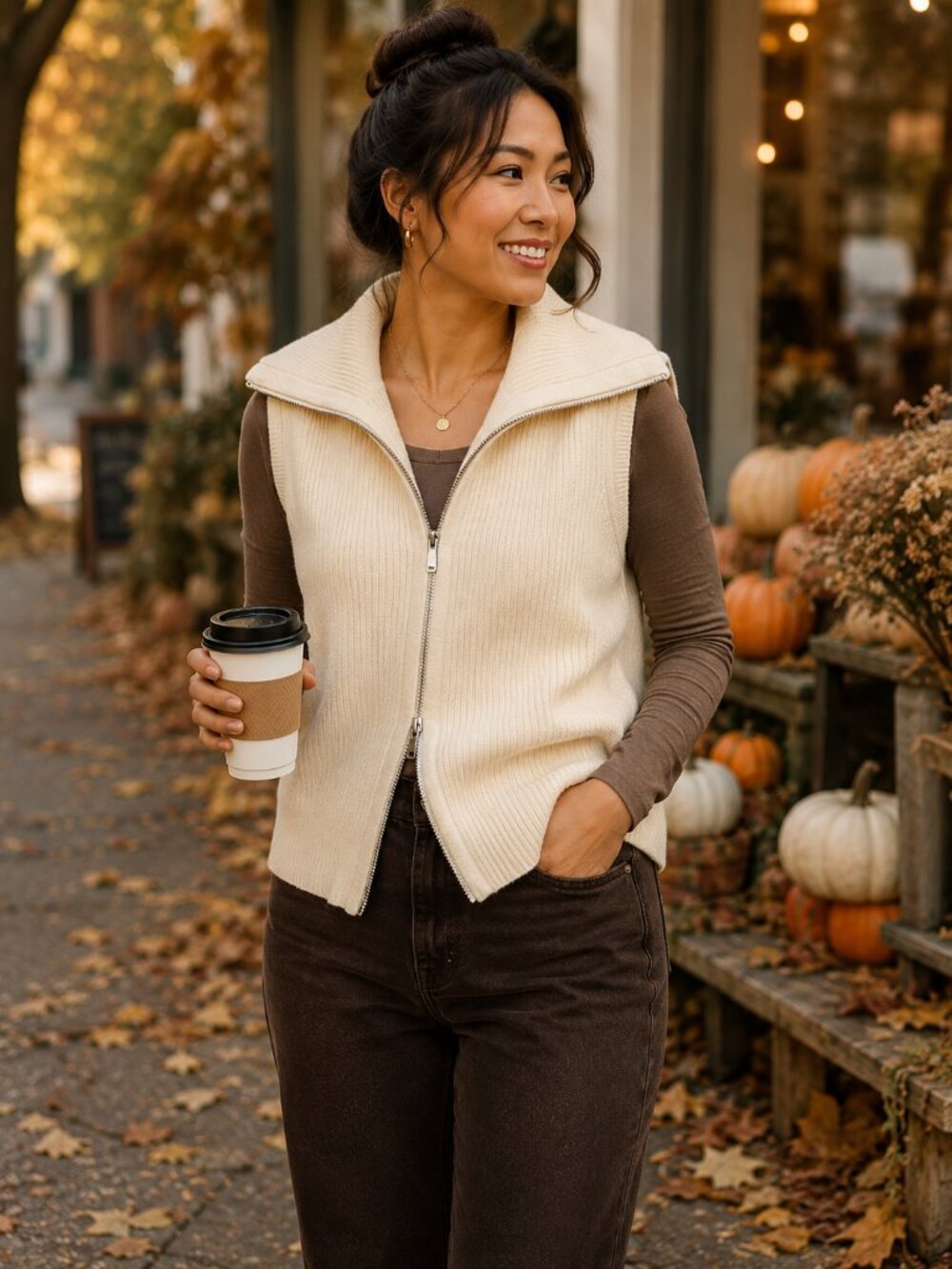 Joie XL Ivory Ribbed Knit Zip Front Sweater Vest Oversized Collar Fall